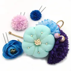 髪飾り ４点セット 京都 西陣 和小物 京あそび 成人式 花 ぷっくり梅 水色 和風 浴衣 着物 振袖 袴 結婚式お呼ばれ 七五三 子供 キッズ コーム 髪留め ヘアアクセサリー 大きめ 日本製 送料無料 W 75 CM-OM-5102 u999　Si