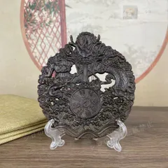 開運・縁起物】金色 陰陽太極図 十二支 彫刻置物（袋・台座付）中国