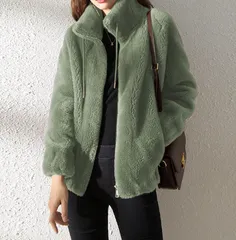 【グリーン】ボアジャケット フェイクファー ジャケット コート レディース ショート丈 ふわもこ アウター 軽量 暖かい 秋 冬 カジュアル おしゃれ かわいい