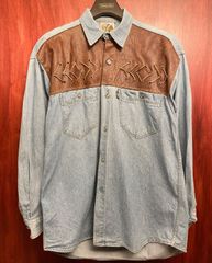 palet. JEANS レザー切り替え長袖デニムウエスタンシャツ ライトインディゴ×ブラウン Lサイズ