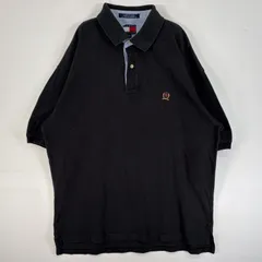 古着 90's/90年代 トミーヒルフィガー TOMMY HILFIGER 鹿の子 半袖 ポロシャツ 旧ロゴ 刺繍 大きいサイズ 肉厚 フェード 2ボタン XL  ブラック 無地 メンズ