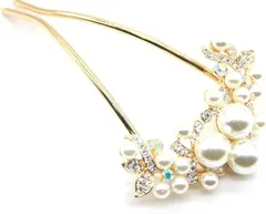 Miaomyao ミャオミャオ 簪 かんざし バチ型 髪飾り 和装 留袖 着物 金属 パール ビジュー フラワー 花 Ｕコーム ピンクゴールド ヘアアクセサリー(ピンクゴールド,  ワンサイズ)