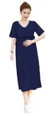 (Miwoluna) マタニティ ワンピース 授乳服 部屋着 パジャマ ロング マキシ 半袖 授乳口付き ゆったり リラックス マキシ丈 胸フリル 春 夏 ネイビー M [ネイビー] [M]