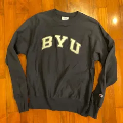 00s 美品　Champion Reverse weave. リバースウィーブ　BYU 大学ロゴ　Sサイズ（Lサイズ相当）　レディース　ネイビー