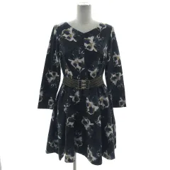 ビス ViS ワンピース 長袖 ミディ丈 サッシュベルト 花柄 ネイビー 紺 ブルー 青 マルチカラー F