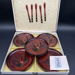 X176 未使用保管品 山中漆器 花柄 銘々皿揃 フォーク5本付き 和菓子 5枚セット　 菓子器 菓子皿 お皿 茶道具 未使用