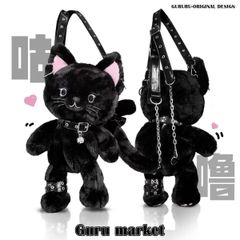 グルー集市オリジナル 小猫天使 / 小猫悪魔ツーショルダーバッグ｜超可愛いふわふわぬいぐるみバッグ｜超柔らかい長毛絨 黒と白の 2 色 どんなスタイルにもマッチするファッション