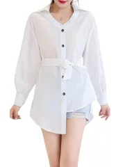 [ブブ オーハナ] ブラウス 無地 アシンメトリー 変形 長袖 リボン 付き シャツ レディース 女性 服 用 春 夏 秋 冬 物 長め オープン カラー アシメ オフィス ビジネス カジュアル ワイ Y カッター りぼん つき しろ  [ホワイト] [XL]