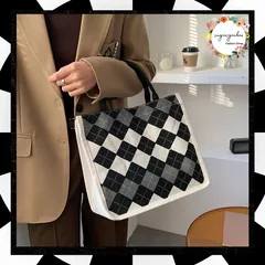 キャンバス バッグ ミニトート レディース おしゃれ ハンドバッグ 大人カジュアル バイカラー 手提げかばん 通学 通勤 韓国 アーガイル柄 軽量 大容量 磁気ボタン開閉 ファスナーポケット付き スクエアバッグ マチあり 菱型チェック 1XIUF-060