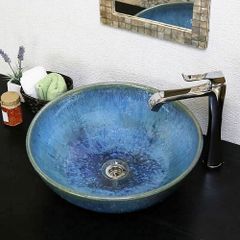 信楽焼 手洗い鉢 洗面ボウル 陶器 直径43.5cm 大型サイズ 青ビードロ流し手洗い鉢 tr-4088
