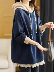 パーカー レディース フード付き フェミニン レース フェイクパール装飾 トップス 可愛い プルオーバー トレーナー 厚手 体型カバー 長袖 服 きれいめ カジュアル バイカラー 春 秋 冬 裏起毛 ゆったり オーバーサイズ