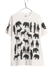 【お得なクーポン配布中!】 90s USA製 ミシガンラグ アニマル アート イラスト プリント Tシャツ メンズ レディース L 90年代 総柄 MICHIGAN RAG シングルステッチ 白