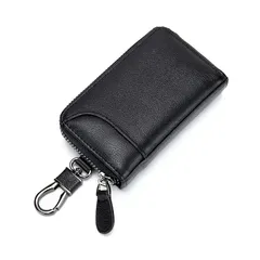 キーケース メンズ 本革 2つ外側ポケット 大容量 カード収納 ファスナー スマートキー バイク 車 家の鍵 icカード パスケース 6連 カードキー対応 一体型 多機能 かっこいい プレゼント (ブラック/ブラック) 0