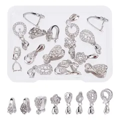 【数量限定】キラキラ ペンダントパーツ ネックレス ラインストーン付き アイスピックピンチベイル ブレスレットパーツ 金属 接続金具 バチカン 葉 手芸素材 メタル 真鍮ピンチベイルセット 基礎パーツ 16個 ハンドメイド材料 8スタイル プラチナ クラフトパ