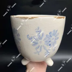 N0033 【北欧】 5号 青い花　貫入　脚付き 窯変 植木鉢 室内 陶器鉢 多肉 観葉　植物　鉢カバー　室内 陶器鉢 多肉 植物 鉢植え 激安 レア インテリア プレゼント 海外 盆栽 おすすめ プランター 人気 デザイン 観葉植物