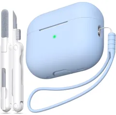 AirPods Pro 第2世代ケースカバー、ミリタリーグレードの落下防止ソフトシリコン製衝撃吸収AirPods Proケーススキンタッチ、キーチェーンとクリーニングキット付き、フロントLEDが見える、スカイブルー