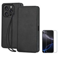 【人気商品】アイフォン 16 16 プロ 手帳型 マックス ケース スマホケース Max レザー Pro カード収納 iPhone 内蔵マグネット式（携帯ストラップ付き、ガラスフィルム付き）ブラック