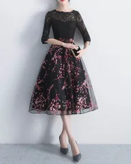 【新品 未使用】2026新作 パーティードレス パーティドレス 結婚式 ワンピース 袖あり レース aライン ミディアム丈 フォーマルドレス ブラック お呼ばれ 二次会 発表会  