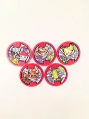 妖怪ウォッチ　妖怪メダル　medal 赤(red)　5枚セット　家ーイ　アイタタタイムズ　サニーレタスさん　ギュウ汁　いきあたりバッタ　中古品　1枚からでも売ります