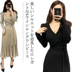 ニットワンピース ミモレ丈 プリーツワンピース Vネック ウエストリボン ドレス メリハリ プリーツ 長袖 Aライン ニットワンピ ベルト付き ロング丈 秋冬 ワンピース 無地 韓国ファッション 着痩#tgbt881