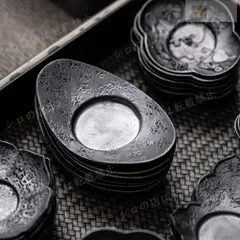 古錫茶托 忠信浄錫5ヶ 古錫 忠信浄錫 剣木瓜式茶托茶托 5客総重量約215g 煎茶道具