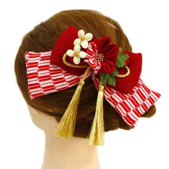 髪飾り リボン 卒業式 袴 成人式 つまみ細工 赤 振袖 前撮り 花 白 ゴールド ちりめん 矢絣 はいからさん風 房付き 組紐 和柄 No.9-3510