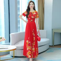 【レッド花柄★Ｌ】Ａライン マキシ丈フレア ドレス ワンピース　フラワー　Aライン　体型カバー　ゆったり　大きめ