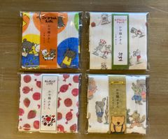 蚊帳ふきん4枚セット　絵本シリーズ4種　台拭き、おしぼり、手拭き、お返し