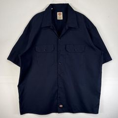 古着 ディッキーズ Dickies 半袖シャツ ワーク 作業着 フラップポケ 大きいサイズ ワンポイント ロゴ XL  ネイビー 無地 メンズ