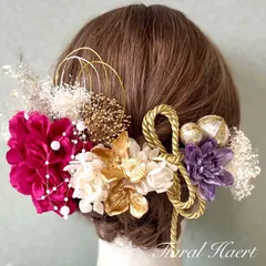 髪飾り 成人式 結婚式  ローズピンク紫 &金小花 卒業式 振袖 ドライフラワー 金箔 紐リボン