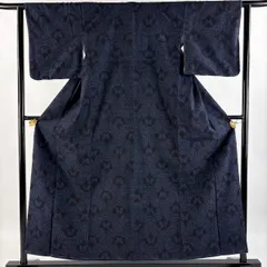 結城紬 身丈155.5cm 裄丈61.5cm S 袷 はたおり娘 証紙 蝶 青海波 藍色 正絹 美品 逸品 【中古】