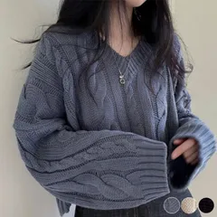 ニット レディース 韓国 ショート丈 クロップド丈 Vネック トップス 長袖 ケーブルニット ケーブル編み ゆったり オーバーサイズ カジュアル おしゃれ セーター 春 秋 冬 白 黒 ブルー ベージュ 黒