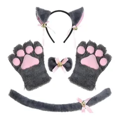 チョーカー 肉球手袋 小物 しっぽ コスプレ 蝶結び 4点セット 鈴設計 コスチューム 可愛い ねこ ハロウィン 猫耳カチューシャ 仮装小物 [YFFSFDC] (グレー)
