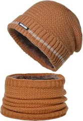 Famimor ニット帽 ネックウォーマー 2点 セット 冬 防寒 ニットキャップ メンズ レディース 帽子 裏起毛 保温 柔らかい おしゃれ ニット帽子 スキー スノボー 自転車 ゴルフ 釣り 通勤 通学(カラメル,  Free Size)