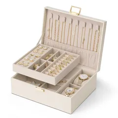 【新着商品】時計 ネックレス 取り外し可能 ピアス 指輪 大容量 ブレスレット 2層 女性 プレゼント ジュエリーボックス 誕生日 ギフト Vlando (ホワイト-plus)