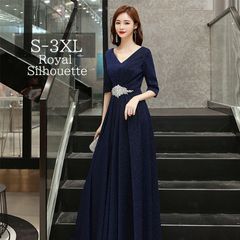 파티 드레스 이브닝 드레스 네이비 큰 사이즈 원피스 라메 파티 7분 소매 결혼식 불려 SML XL LL 2XL XXL 3XL XXXL 착비 사은회 롱 길이 심플 호화 퍼포먼스