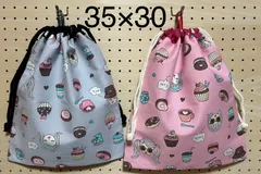 420 ループ付き　巾着袋　お道具入れ　縄跳び入れ　お着替え袋　上履き入れ　体操着袋　おむつ入れ　35×30 2枚セット　女の子　スイーツ ガールズ
