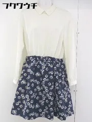 ◇ index インデックス 花柄 切り替え 長袖 膝下丈 ワンピース サイズM アイボリー ネイビー レディース  【1110070009281】