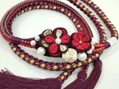 平和屋着物●和装小物　振袖用帯締め　つまみ細工　飾り玉　パール　花　暗紅色　金糸　撚り房　逸品　未使用　CAAW4108ju