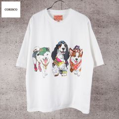 新品 CORISCO コリスコ 犬 プリント Tシャツ 半袖 メンズ レディース ユニセックス かわいい アニマル プリント カットソー 子犬 dog ３匹 バックプリント Tシャツ tee M L LL ホワイト 白  181927