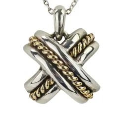 美品 Tiffany&Co ティファニー SV925 750 K18 コンビ シグネチャー クロス ネックレス シルバー ゴールド レディース 古着 中古 USED