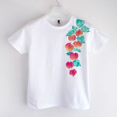 ホオズキ柄Tシャツ レディース ホワイト 手描きで描いた赤い鬼灯柄Tシャツ
