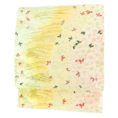 【中古】 袋帯 リサイクル 正絹 唐織 黄色 ベージュ ピンク 緑 白 桜 流水 波 金糸 シック おしゃれ 粋 特選 高級 礼装用 フォ No.6-1668