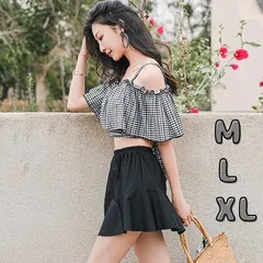 【M ＬXL】レディース 水着 黒 ブラック 体型カバーフリル オフショルダー ブラック タンキニ ビキニ スカート 可愛い 大きいサイズ セット セットアップ ママ セパレート リボン 着痩せ 細見え 可愛い おしゃれ チェック カップ付 セクシー