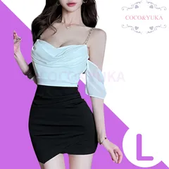 [ COCO&YUKA公式 ] ココアンドユカ 肩出し シフォン オフショルダー タイト ミニ ワンピース 胸元 セクシー キャバ 嬢 ドレス 半袖 カシュクール スカート ミニワンピ パーティー レディース パット 付き 白 黒 L B0D66LT8S1