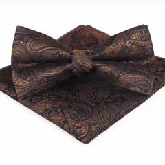 ペイズリー柄　蝶ネクタイ ポケットチーフ　ハンカチ　チーフ  2点セット　結婚式　発表会　七五三祝い　パーティー　イベント　卒業式　入学式　入社式　ゴールド　ブラウン色　金色　ブラック色　黒色　ワンタッチ　スーツ　ワイシャツ　格安　小物