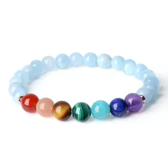 [コアイ]アクアマリン三月誕生石七色チャクラ浄化守護幸福お守りパワーストーンブレスレットメンズレディース