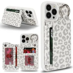 Ｈａｖａｙａ いphone13 Pro Max ケース iPhone 12 Pro Max ケース カード収納 リング付き キーホルダー キーリング 米軍MIL規格 財布 スタンド機能 耐衝撃 フェイクレザー-ホワイト ヒョウ柄