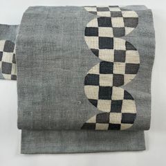 名古屋帯 秀品 幾何学模様 市松模様 箔 青灰色 正絹 【中古】