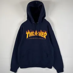 古着 スラッシャー THRASHER パーカー ビッグプリント マフポケット フードコード フーディー M  ネイビー メンズ